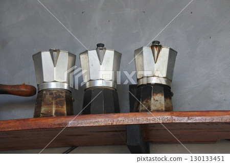 tools for making coffee drinks on display 130133451