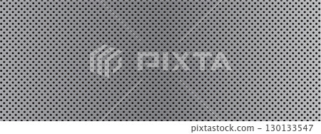 Perforated metal background with a repetitive circular pattern for industrial, mechanical, and futuristic designs. Mesh surface. Vector texture suitable for digital and printed content. 130133547