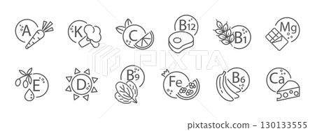 Vitamin, Nutrient, Mineral Line Icons. Retinol, Tocopherol, Folic Acid, Thiamine, and Foods Containing Them. Vector Illustration. Editable Stroke. 130133555