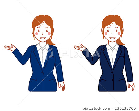 A young woman in a navy suit and ponytail pointing A young woman in a navy suit and ponytail pointing 130133709