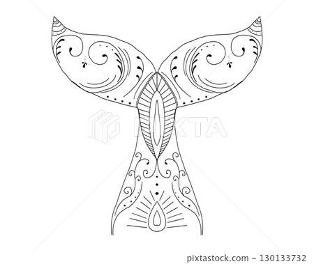 Hand drawn tribal ornament mermaid tail illustration with wave lines and fantasy elements. Tattoo style black outline, feminine Hand drawn tribal ornament mermaid tail illustration with wave lines and fantasy elements. Tattoo style black outline, feminine 130133732