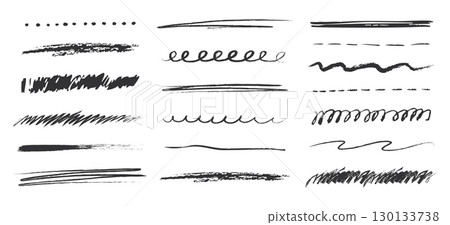 Crayon underline set, pencil wavy and straight chalk kid free hand brush texture. Scribble grunge border simple thin and thick lines. Doodle mark. 130133738