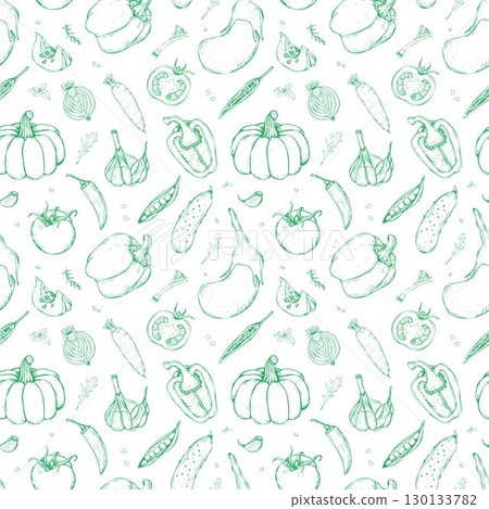 Seamless Pattern with Hand Drawn Vegetables Green Outline 130133782
