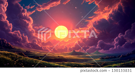 A stunning sunset fills the sky with bright colors as the sun sets behind rolling hills, creating a serene and picturesque landscape 130133831