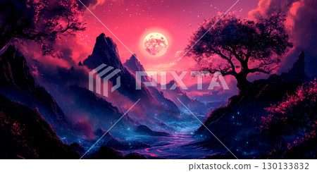 A breathtaking view features towering mountains bathed in pink and blue hues, illuminated by a glowing moon. A lone tree stands in the foreground A breathtaking view features towering mountains bathed in pink and blue hues, illuminated by a glowing moon. A lone tree stands in the foreground 130133832