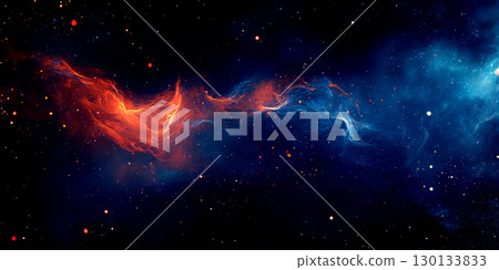 Swirling shades of orange and blue intertwine amidst distant stars, showcasing the beauty of cosmic phenomena in the universe 130133833