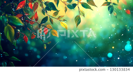 Colorful leaves glisten in a tranquil environment as sunlight filters through, creating a calming atmosphere with gentle bokeh effects Colorful leaves glisten in a tranquil environment as sunlight filters through, creating a calming atmosphere with gentle bokeh effects 130133834