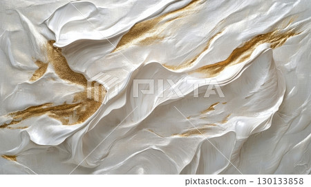 Sophisticated artwork displays smooth white textures interwoven with striking gold lines, creating a sense of movement and depth 130133858