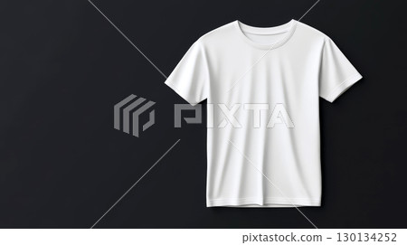 The plain white t-shirt floats on a dark background, ideal for showcasing custom designs or branding concepts in various settings 130134252