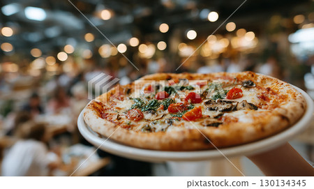 Fresh pizza served by waiter in busy restaurant with cozy atmosphere 130134345