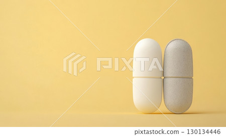 Two multivitamin capsules, one white and one gray, are placed side by side against a soft yellow background, emphasizing their dietary benefits 130134446