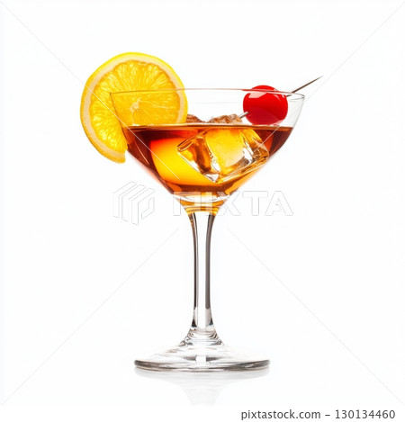 This vibrant cocktail features a mix of flavors with ice, a slice of orange, and a cherry, perfectly presented against a clean white background 130134460