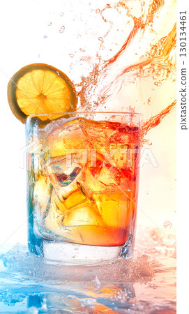 Cool cocktail with vibrant lemon slice and ice cubes creates a refreshing and appealing visual on a clean white backdrop 130134461