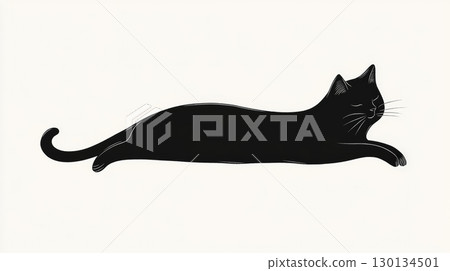 A black cat stretches out comfortably, showcasing its graceful form in a minimalistic cartoon style against a soft background A black cat stretches out comfortably, showcasing its graceful form in a minimalistic cartoon style against a soft background 130134501