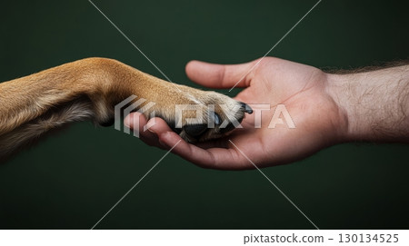 A dog rests its paw on a man's palm, showcasing a heartfelt bond and mutual understanding, set against a neutral backdrop 130134525