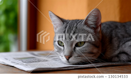 A gray cat is resting on a wooden table, its head resting on an open newspaper, soaking up the warm sunlight through the nearby window A gray cat is resting on a wooden table, its head resting on an open newspaper, soaking up the warm sunlight through the nearby window 130134533
