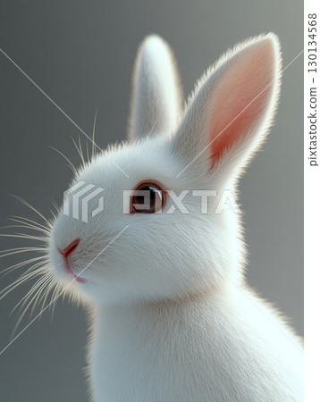 Captured in stunning realism, a white rabbit with detailed fur and bright eyes stands still, displaying curiosity and charm in perfect light 130134568