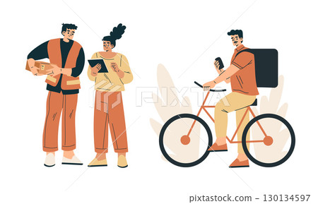 An Urban Delivery Scene Featuring a Cyclist and Engaged Customers Interacting Actively 130134597
