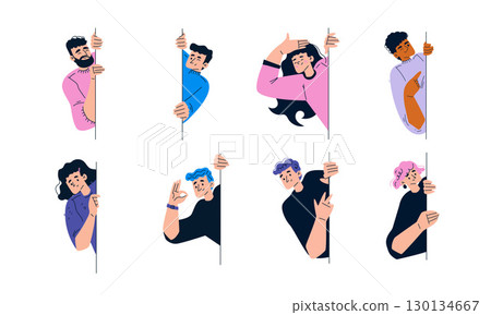 A Variety of Diverse People Peeking Around Colorful Corners in Playful Illustrations and Art 130134667