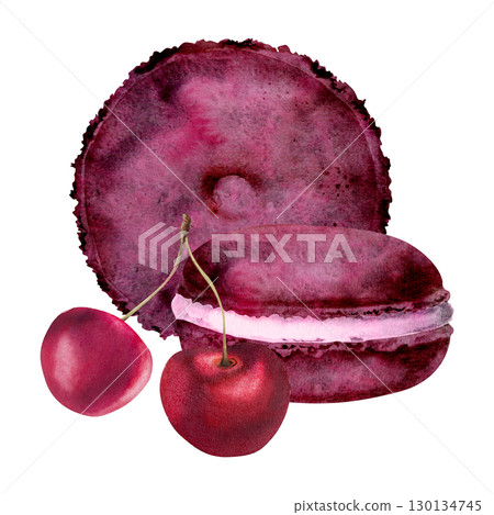 French macarons, whoopie pies and ripe cherry berries on stem, sweet sandwich dessert with puffy cream filling. Isolated illustration hand drawn in watercolor. Vintage cards, confectionery menu labels 130134745