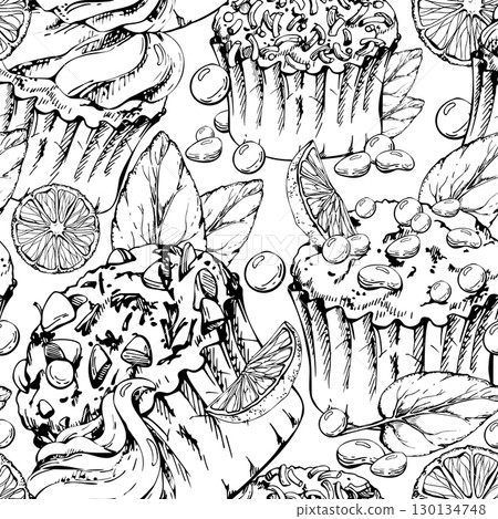 Orange-topped muffins and cupcakes with citrus slices, mint leaves, sugar balls and chocolate chips. Hand drawn in vector ink. Seamless pattern for recipe kits, cafe branding, culinary sticker sheets. 130134748