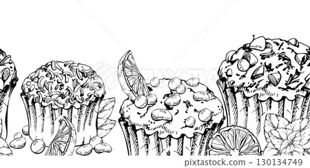 Cupcakes and muffins topped with sugar crystals, bonbon glaze, mint sprigs, and citrus slices with chocolate chip garnish. Hand drawn in vector ink. Isolated seamless cooking banner border header 130134749
