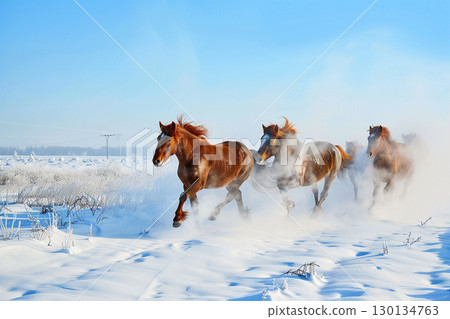 Powerful brown horses galloping through the snowy fields 130134763