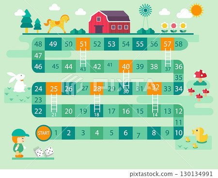World tour board game template,Funny frame, ladders game,Farm, Vector illustrations. 130134991