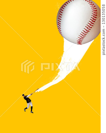 Bold colorful poster. Baseball player hitting oversized ball with artistic paint stroke power 130135058
