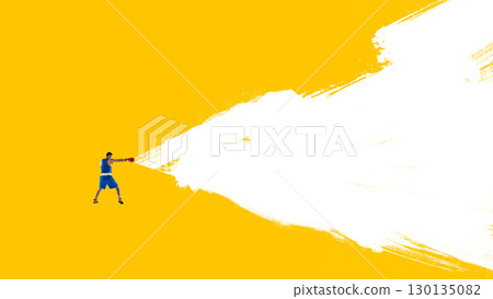 Creative collage template. Boxer punching through abstract white paint stroke on yellow background 130135082