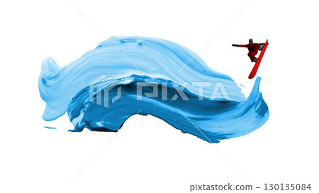 Creative artwork. Snowboarder jumping on abstract wave of blue paint with energy 130135084