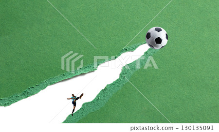 Modern collage. Soccer player kicking ball on torn paper field with creative motion 130135091