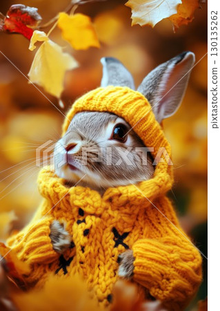 Rabbit in a sweater in the autumn forest Rabbit in a sweater in the autumn forest 130135262