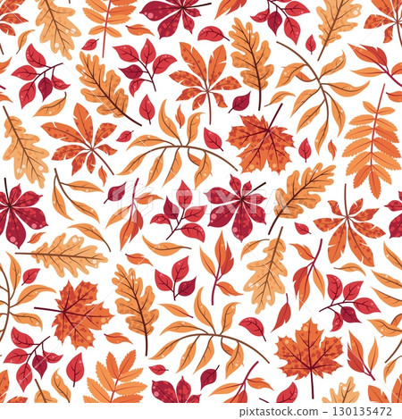Autumn leaves seamless pattern. Falling leaf repeat background with Oak, maple, chestnut, rowan foliage in cartoon style. Fall season vector texture. Perfect for wallpaper, wrapping paper, textile. 130135472