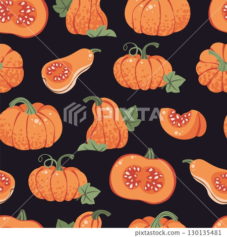 Orange Pumpkins Seamless Pattern Flat Vector. Thanksgiving, Harvest Festival. Repeat Background for Wallpaper, Textile Design, Wrapping Paper, Seasonal Branding. Autumn Theme Endless Print Orange Pumpkins Seamless Pattern Flat Vector. Thanksgiving, Harvest Festival. Repeat Background for Wallpaper, Textile Design, Wrapping Paper, Seasonal Branding. Autumn Theme Endless Print 130135481