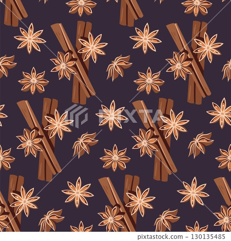 Cinnamon Sticks and Star Anise Seamless Pattern Flat Vector. Spice Texture for Cafe Branding, Food Packaging, Seasonal Designs. Repeat Background for Wallpaper, Textile, Wrapping Paper, Autumn Themes 130135485