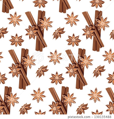 Cinnamon Sticks and Star Anise Seamless Pattern Flat Vector. Spice Texture for Cafe Branding, Food Packaging, Seasonal Designs. Repeat Background for Wallpaper, Textile, Wrapping Paper, Autumn Themes 130135488