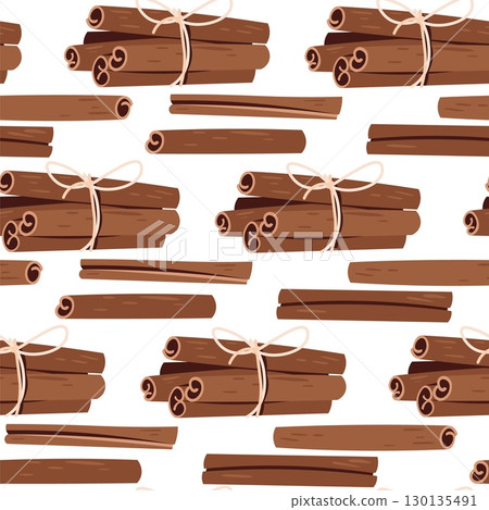 Cinnamon Sticks Seamless Pattern Flat Vector. Spice Texture for Cafe Branding, Food Packaging, Seasonal Design. Repeat Background for Wallpaper, Textile, Wrapping Paper, Autumn Theme. Cozy Print 130135491