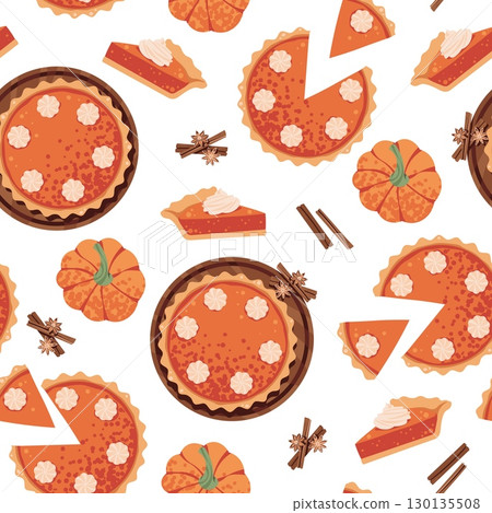 Pumpkin Pie Seamless Pattern Flat Vector. Thanksgiving, Harvest Festival. Repeat Background with American Dessert for Wallpaper, Textile Design, Wrapping Paper, Seasonal Branding. Autumn Theme Endless Pumpkin Pie Seamless Pattern Flat Vector. Thanksgiving, Harvest Festival. Repeat Background with American Dessert for Wallpaper, Textile Design, Wrapping Paper, Seasonal Branding. Autumn Theme Endless 130135508
