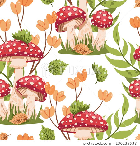 Amanita Mushrooms in Grass Seamless Pattern Flat Vector. Poisonous Fungi Forest Texture for Nature Design, Whimsical Decor. Repeat Background for Wallpaper, Textile, Wrapping Paper. Enchanted Woodland Amanita Mushrooms in Grass Seamless Pattern Flat Vector. Poisonous Fungi Forest Texture for Nature Design, Whimsical Decor. Repeat Background for Wallpaper, Textile, Wrapping Paper. Enchanted Woodland 130135538