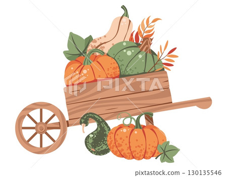 Wooden Wheelbarrow with Pumpkins Flat Vector Illustration Isolated on White. Harvest Festival Design, Autumn Decor, Thanksgiving Graphic, Seasonal Branding, and Farmhouse. Ideal for Print, Digital Use 130135546