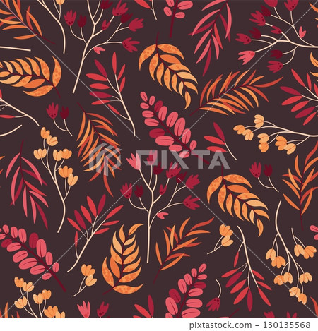 Autumn Twigs and Leaves Seamless Pattern Flat Vector. Botanical Elements Texture for Seasonal Design, Nature Decor, Eco Friendly Branding. Repeat Background for Wallpaper, Textile, Wrapping Paper 130135568