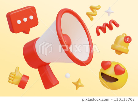 Cartoon Style megaphone with Social network Icons 3D graphic Cartoon Style megaphone with Social network Icons 3D graphic 130135702
