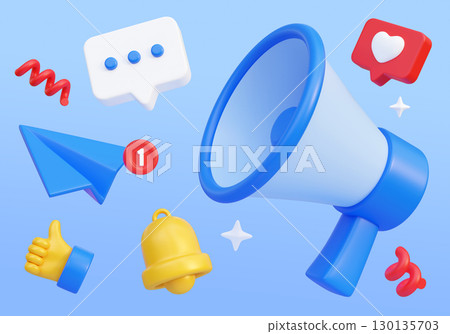 Cartoon Style megaphone with Social network Icons 3D graphic Cartoon Style megaphone with Social network Icons 3D graphic 130135703