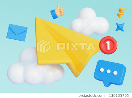 Cartoon Style paper airplane with Social network Icons 3D graphic 130135705