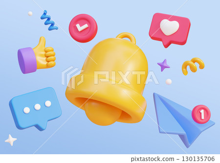 Cartoon Style Bell with Social network Icons 3D graphic 130135706