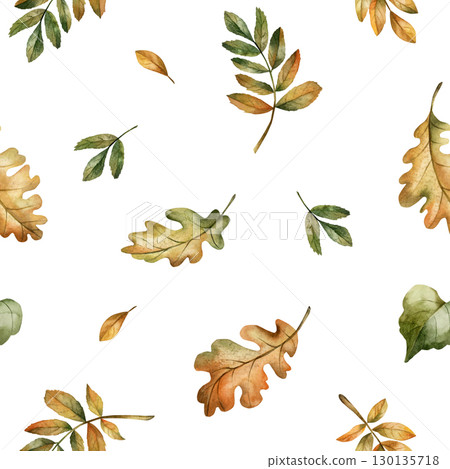 Oak Rowan Leaves Autumn forest gold foliage Watercolor hand painted floral seamless pattern on white background for fall design cozy prints cute home textile botanical wrapping paper wallpaper fabric 130135718
