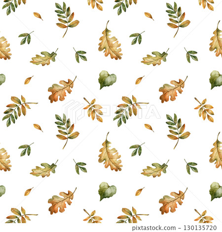 Oak Rowan Leaves Autumn forest gold foliage Watercolor hand painted floral seamless pattern on white background for fall design cozy prints cute home textile botanical wrapping paper wallpaper fabric 130135720