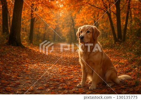 Dog standing in the autumn forest 130135775