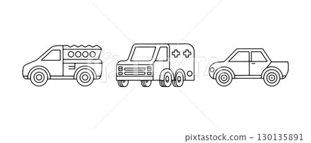 Different types of vehicles including a delivery truck, ambulance, and sedan on a white background 130135891